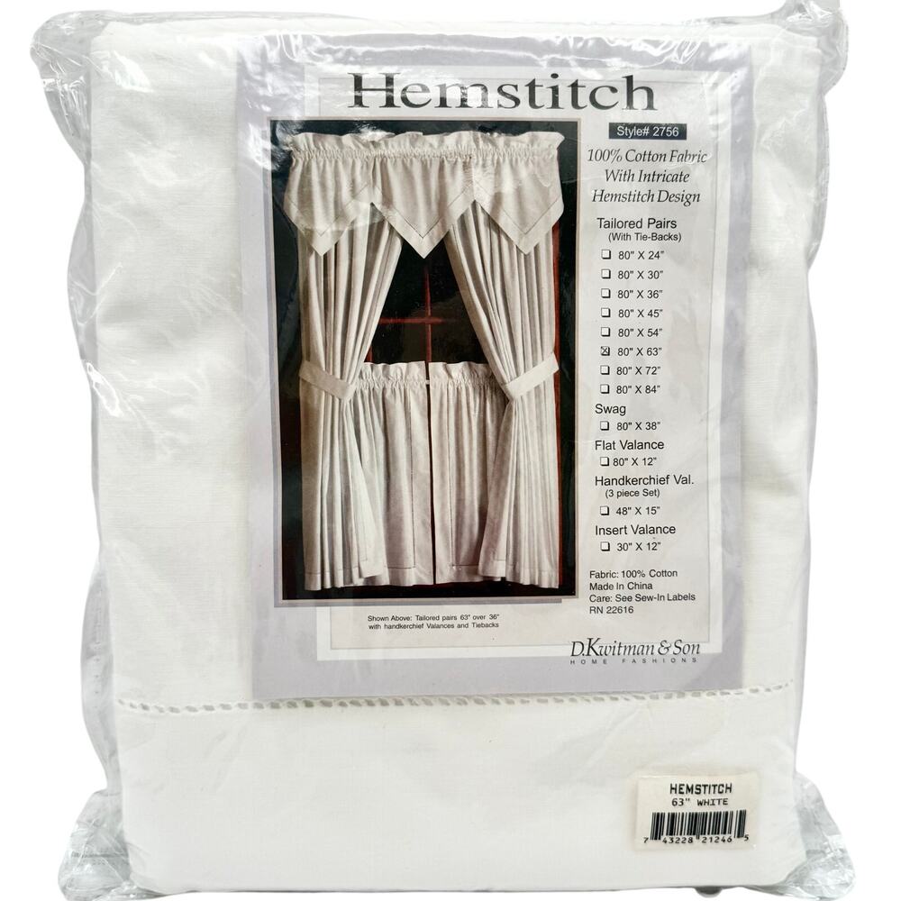 Vintage White Hemstitch Cotton Curtain Panels 80x63 Tailored Pair w/ Tiebacks